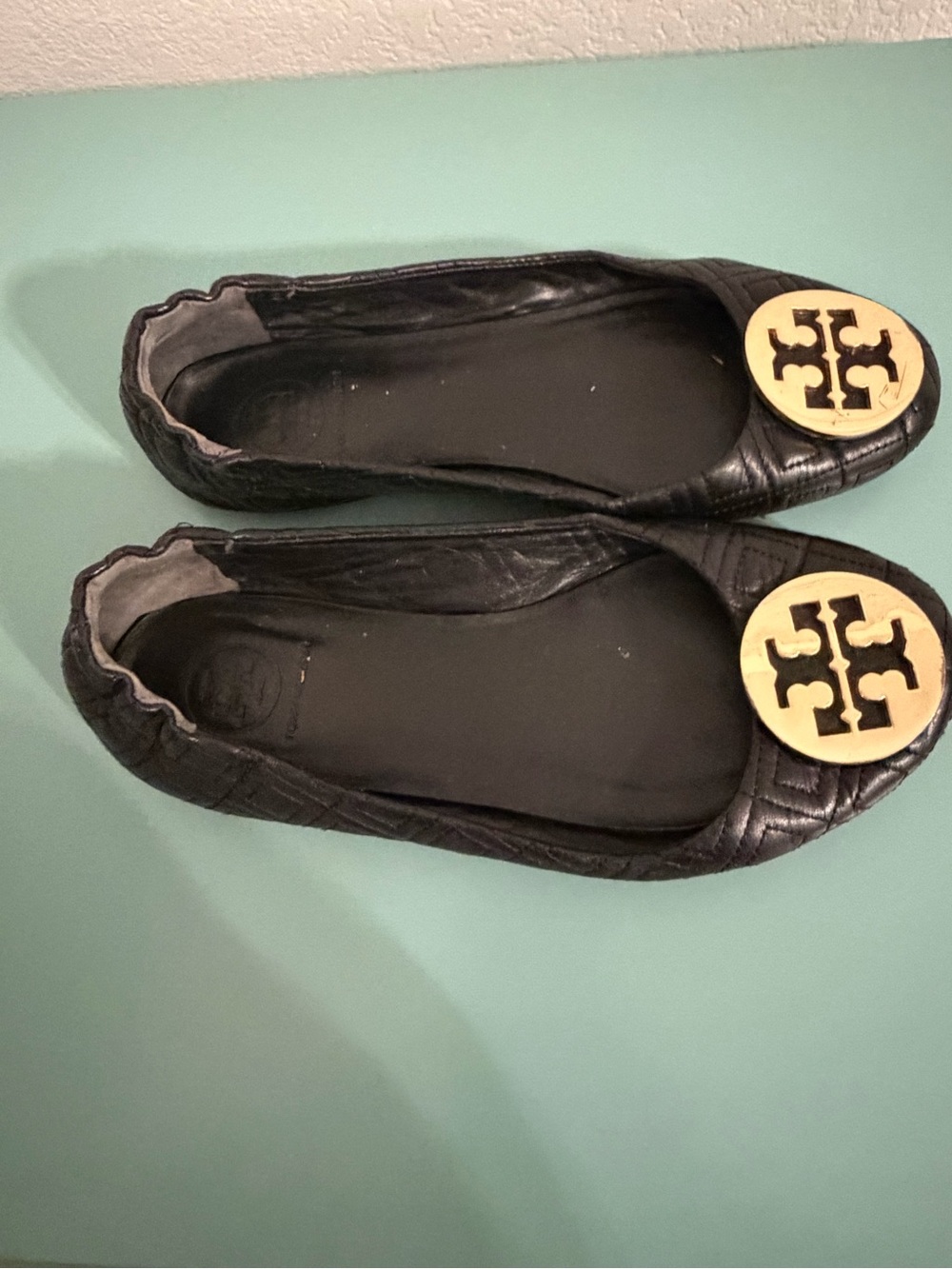 Tory Burch Black Quilted Leather Ballet Flats with Gold Logo Medallion